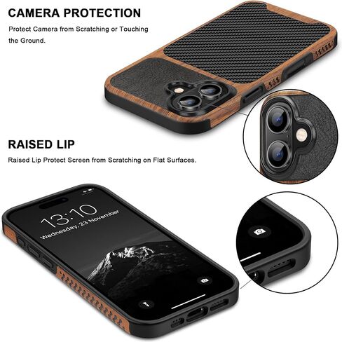 TENDLIN Compatible with iPhone 16 Pro Phone Case Wood Grain with Carbon Fiber Texture Design Leather Hybrid Slim Case (Black) in Saudi Arabia