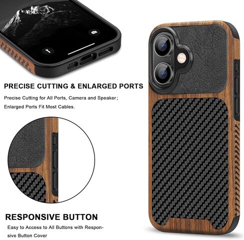 TENDLIN Compatible with iPhone 16 Pro Phone Case Wood Grain with Carbon Fiber Texture Design Leather Hybrid Slim Case (Black) in Saudi Arabia
