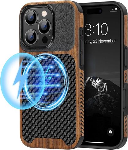 TENDLIN Compatible with iPhone 16 Pro Phone Case Wood Grain with Carbon Fiber Texture Design Leather Hybrid Slim Case (Black) in Saudi Arabia