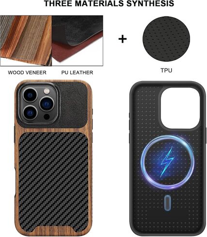 TENDLIN Compatible with iPhone 16 Pro Phone Case Wood Grain with Carbon Fiber Texture Design Leather Hybrid Slim Case (Black) in Saudi Arabia