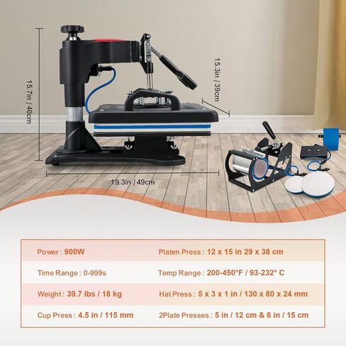 VEVOR 15x15 Heat Press Machine 2 in 1 for T Shirts and Hats, Swing Away T Shirt Press Machine, Professional Heat Press for Sublimation, Vinyl, Heat Transfer Projects in Saudi Arabia