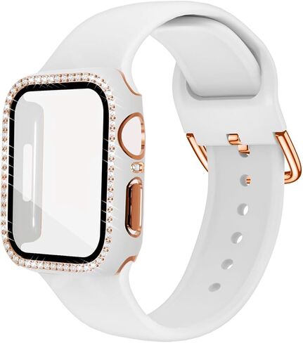 Silicone Bands and Bling Case Compatible with Apple Watch for Women | Soft Silicone Bands and Bling Diamond Case & Glass Screen Protector for iWatch 38mm 40mm 41mm 42mm 44mm 45mm in Saudi Arabia