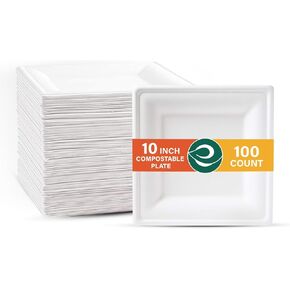 ECO SOUL 15 cm (6 Inch Small), 100 Pack Disposable Bagasse Plates | Eco-friendly, Biodegradable, Sugarcane Paper Plates | For Serving Snacks & Dinner | Birthday, Wedding & Party | Square, White