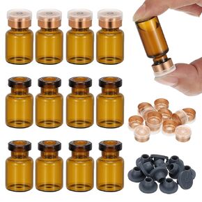PATIKIL 12pcs 5ml Amber Borosilicate Glass Sample Vials with Aluminum Plastic Cap and Rubber Stopper for Lab Solid Liquid Powder Storage, Matt Silver Tone