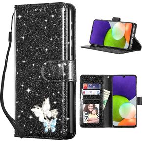 UEEBAI Wallet Case for Samsung Galaxy A15 4G/5G, Glitter PU Leather Phone Case Card Slots Kickstand Case Magnetic Closure Bling Flip Case Shockproof Hand Strap Flip Cover - Rose Gold