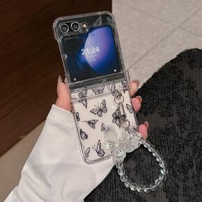 Omio for Samsung Galaxy Z Flip 6 Case with Strap Bracelet Cute Butterfly Case for Girls Women Hand Chain Lanyard Slim Hinge Protection Design Clear Shockproof Hard PC Cover for Galaxy Z Flip 6 Black