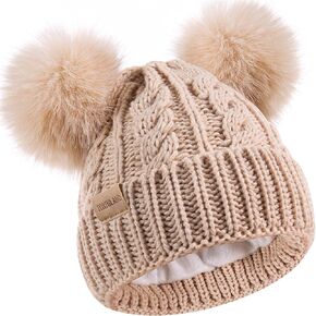 Kids Winter Beanie Children’s Warm Knitted Fleece Lined Ski Pom-Pom Warm Knit Hat for Boys & Girls 3-9 Years Purple