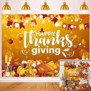 Happy Thanksgiving Backdrop Autumn Harvest Turkey Pumpkin Maple Leaf Thanksgiving Day Photography Background Fall Give Thanks Day Party Yard Banner Decoration Supplies (7x5FT)
