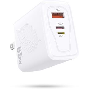 65W USB C Fast Wall Charger Block, Reverse Charging Tech with Lighting & USB C Ports GaN Type C Charger for MacBook/iPhone 15/14/13/12/11/Pro Max, iPad Pro, AirPods Pro and More