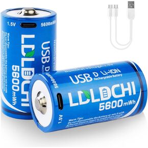 Rechargeable Lithium D Batteries 4 Pack - 1.5V 5600mWh D Cell Rechargeable Batteries with 4-in-1 Charge Cable, 1000 Cycles for Flashlight, Water Heater, Gas Stove