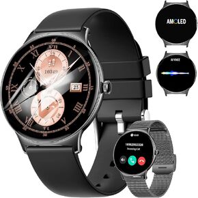 FILIEKEU Women Men Smart Watch Bluetooth Calls Life Waterproof Sport Fitness Tracker 1.43" HD AMOLED Touch Screen Golden Silicone Smart Watches for Android iOS
