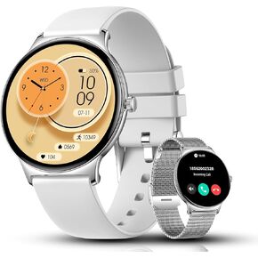 FILIEKEU Women Men Smart Watch Bluetooth Calls Life Waterproof Sport Fitness Tracker 1.43" HD AMOLED Touch Screen Golden Silicone Smart Watches for Android iOS
