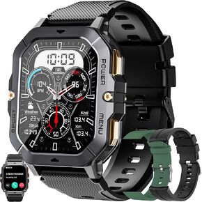 Military Smart Watch for Men(Answer/Make Calls), 2.02"AMOLED 5ATM Waterproof Smartwatch with Heart Rate/SpO2/Blood Pressure, 100+ Sports, Fitness Watch for Android iPhone, with 3 Watch Bands (Black) in Saudi Arabia