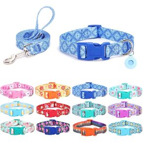 Dog Collar with Leash Airtag Holder Case Set - Dog Collars for Male Female Boy Girl Puppy X-Small Small Medium Large Dogs Walking Running Training - Pink Daisy/S