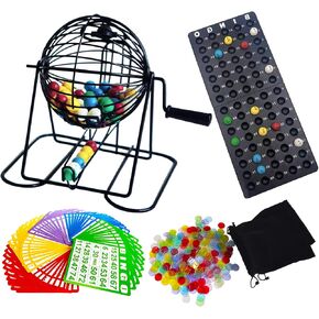 Yuanhe Jumbo Bingo Game Set - 11" Metal Round Cage, 75 Colored Bingo Balls, 100 Bingo Cards, 500 Mixed Chips and Master Board for Large Groups, Parties