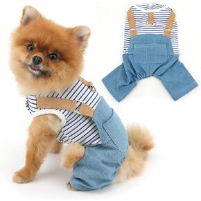 Dog Outfits Denim Dogs Overalls Classic Stripe Shirts Bib Pants for Cats Summer Cool Dog Clothes Doggie Jean Jumpsuit Onesie Puppy T-Shirt Apparel with Pocket D-Ring,Blue,M