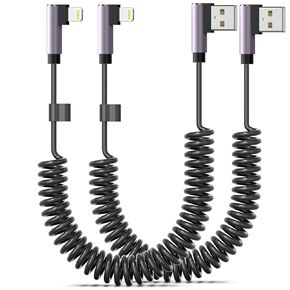 90 Degree Coiled Lightning Cable, 2 Pack, 3 FT, Right Angle Short iPhone Charger Cord [MFi Certified] USB A to Lightning Apple CarPlay Cable Compatible with iPhone 14/13/12/11 Pro Max XS XR X - Lilas