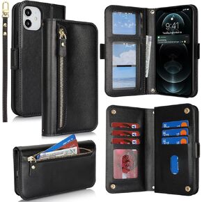 Jaorty for iPhone 12 Pro / 12 Phone Case with RFID Blocking Card Holder for Women Men,Phone Case Wallet for iPhone 12 with Wrist Strap,PU Leather Zipper Pocket Credit Card Slots Flip Cover,Black