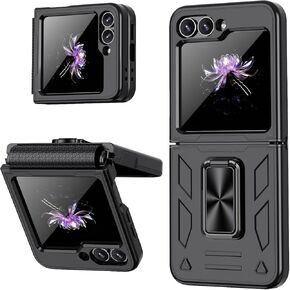 SOOPII for Samsung Galaxy Z Flip 6 Case,360° Rotatable Ring Kickstand Phone Case with Front Screen Protector,Shockproof Full Protection Phone Cover with Hinge Protection for Z Flip 6,Black
