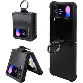MONASAY Phone Case Compatible for Galaxy Z Flip 4,[Screen Protector Included] Leather Cell Phone Cover with Ring Fit for Samsung Galaxy Z Flip 4 5G Light Green
