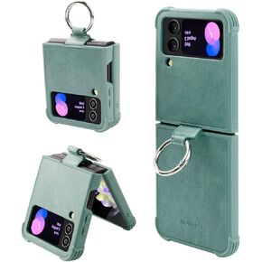MONASAY Phone Case Compatible for Galaxy Z Flip 4,[Screen Protector Included] Leather Cell Phone Cover with Ring Fit for Samsung Galaxy Z Flip 4 5G Light Green