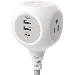 PowerBall 32W Braided 3-Outlet Charging Hub w/ 2 USB-A Ports and 1 USB-C Port (8ft - Luna Grey)