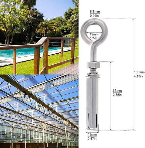 Concrete Eye Bolts 6Pcs, M10 Eyebolt Bolts Stainless Steel Concrete Anchor Eyebolt Screw Hooks, Heavy Duty Brick Anchors Eyebolts Expansion Screw Lifting Ring Bolt Fastener 3/8 for Concrete Wall in Kuwait