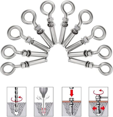 Concrete Eye Bolts 6Pcs, M10 Eyebolt Bolts Stainless Steel Concrete Anchor Eyebolt Screw Hooks, Heavy Duty Brick Anchors Eyebolts Expansion Screw Lifting Ring Bolt Fastener 3/8 for Concrete Wall in Kuwait
