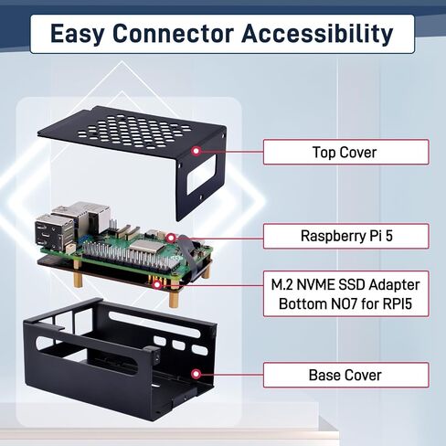 GeeekPi Metal Case with N07 PCIe M.2 M-Key NVMe SSD PCIe Peripheral Bottom Board for Raspberry Pi 5, Support M.2 Key-M NVMe SSD 2230/2242/2260/2280 (with Active Cooler) in Kuwait