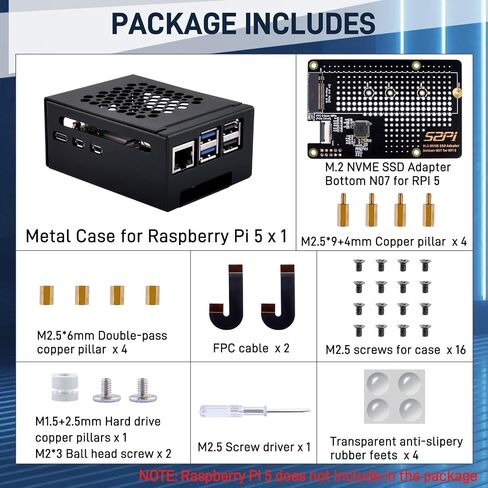 GeeekPi Metal Case with N07 PCIe M.2 M-Key NVMe SSD PCIe Peripheral Bottom Board for Raspberry Pi 5, Support M.2 Key-M NVMe SSD 2230/2242/2260/2280 (with Active Cooler) in Kuwait