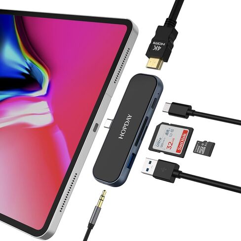 محول USB C، 6 منافذ USB C Multiport Hub 2021 2020 12.9/11 بوصة، iPad Air 5/4 Dongle 4K HDMI، منفذ USB 3.0، قارئ بطاقة SD/TF، ​​شحن سريع 100 وات PD، مقبس سماعة الرأس in Kuwait
