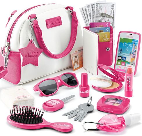 Play Purse for Girls and Toddlers - Little Girls Toys Pretend Play Accessories: Toy Phone, Wallet, Credit Cards, Keys, Pretend Makeup for Role Playing Toys for Girls Ages 3 4 5 6 7 8 Years and Up in Saudi Arabia