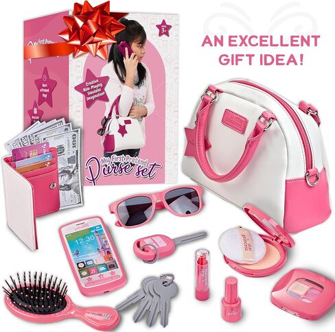 Play Purse for Girls and Toddlers - Little Girls Toys Pretend Play Accessories: Toy Phone, Wallet, Credit Cards, Keys, Pretend Makeup for Role Playing Toys for Girls Ages 3 4 5 6 7 8 Years and Up in Saudi Arabia
