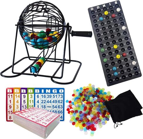 Yuanhe Jumbo Bingo Game Set - 11" Metal Round Cage, 75 Colored Bingo Balls, 100 Bingo Cards, 500 Mixed Chips and Master Board for Large Groups, Parties in Saudi Arabia