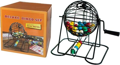 Yuanhe Jumbo Bingo Game Set - 11" Metal Round Cage, 75 Colored Bingo Balls, 100 Bingo Cards, 500 Mixed Chips and Master Board for Large Groups, Parties in Saudi Arabia