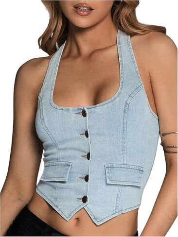 MakeMeChic Women's Sleeveless Asymmetrical Backless Button Down Halter Denim Vest Crop Tops in Saudi Arabia