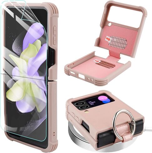 MONASAY Phone Case Compatible for Galaxy Z Flip 4,[Screen Protector Included] Leather Cell Phone Cover with Ring Fit for Samsung Galaxy Z Flip 4 5G Light Green in Saudi Arabia