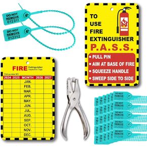 30 Sets Fire Extinguisher Tags Monthly Inspection Tear-Resistant Numbered Plastic Tamper-Evident Cable Ties Easy to Punch Includes Handheld Hole Puncher- Red