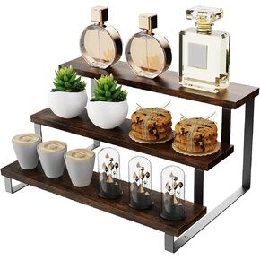 Wooden Display Riser Stand, 3 Tier Mini Display Risers Cabinet Organizer, Widened Display Rack Shelf Kitchen Counter Shelf Perfume Organizer Stand for Party, Makeup, Figure, Dolls Collection, Condiment