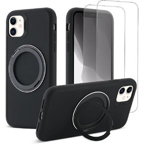 360°Rotatable Magnetic Ring Stand for iPhone 11 Case,Compatible with MagSafe,with [2 Pack Screen Protector] Military Grade Drop Shockproof Silicone Slim Phone Case 6.1 inch. (Black)