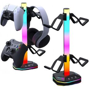 سماعة الألعاب وحامل وحدة التحكم مع 3 منافذ USB، 【عبوة واحدة】 إضاءة RGB مع تأثير التنفس 7 ألوان، حامل سماعة الرأس ولوحة الألعاب، مناسب لجميع سماعات الرأس - هدية مثالية للاعبين G-GC