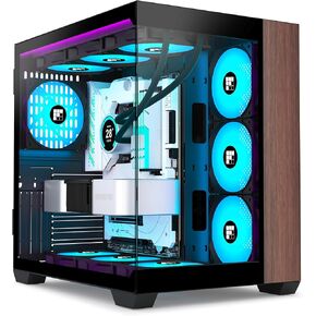 PC Case -Wood Walnut Front Pane, Pre-Installed 3 PWM ARGB Fan, ATX Mid-Tower Gaming PC Case, 270° Panoramic Glass, M9 Black
