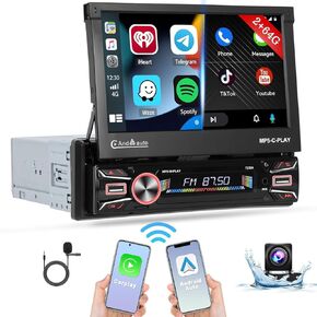 [2+64G] Hikity Wireless Carplay Android Single Din Car Stereo, 7 inch Flip Out Touch Screen Car Radio Bluetooth, Wireless Android Auto, GPS Navi, WiFi, EQ, FM, Split Screen, Dual USB, Mic, Backup Cam