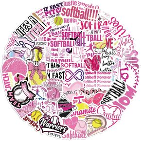 50PCS Pink Softball Stickers Sports Themed Party Stickers Softball Accessories Softball Gifts for Girls Vinyl Sticker Laptop Skateboard