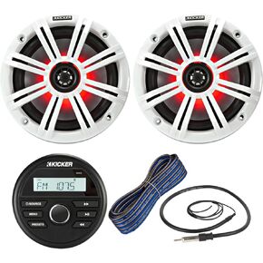 Kicker All-Weather Marine Gauge Style Bluetooth USB Stereo Receiver Bundle Combo with (Qty 2) 6.5" 2-Way 195W Max Coaxial Marine LED Speaker w/Charcoal Salt Water Grille, 16-Gauge Wire, Antenna