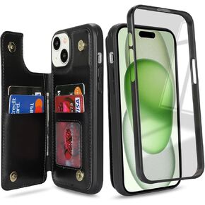 for iPhone 15 Case with Screen Protector,iPhone 15 Wallet Case with Card Holder for Women Men,[Built-in Screen Protector] Leather Shockproof Phone Case with Stand-Beige