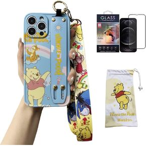 Cartoon Case for iPhone 12 6.1'' with HD Screen Protector, Stitch Upgraded Wrist Strap Band Adjustable Lanyard TPU Shockproof Protective Phone Case for Women Girls