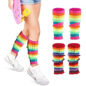 Women's Leg Warmers, Green, Hot Pink Leg Warmers, 2 Pack Leg Warmers 80s 90s, Retro Women Fashion Knit Leg Warmers for Party Dance Sports Yoga, Running, Hiking, Cosplay