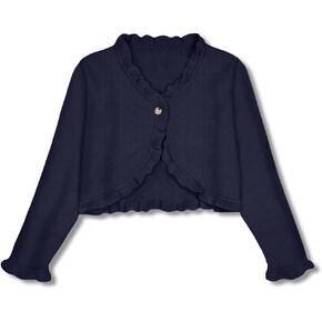 Little Girls Christmas Open Front Button Knit Solid Forest Green Long Sleeve Cropped Cardigan Bolero Shrug