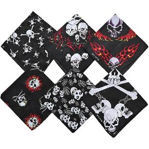 6 Pack 21 x 21 Inches Skull Bandanas Scarf for Men 100% Cotton Pirate Skeleton Hankerchief Wraps Headwraps Wristband Sports Face Cover for Women and Kid